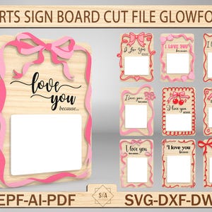 Ich liebe dich weil Valentinstag Zeichen für Kinder Lasercut Plotterdatei, trendige Laserdatei, Herzen Schild svg, Glowforge-Datei, digitaler Download