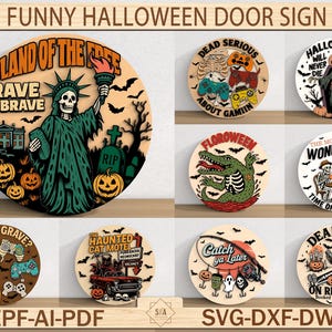 Halloween Door Sign SVG Bundle, Funny Spooky Layered Laser Cut Files, Wood Round Sign for Fall Decor, Digital Download for Laser