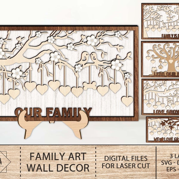 Decoración de pared de arte familiar, regalo de árbol genealógico, árbol genealógico del corazón, marco del día de la madre Svg, archivos cortados listos para láser, archivo Glowforge, descarga instantánea