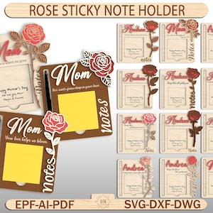 May include: Wooden sticky note holders with rose accents. Some holders feature the word "Mom" and others say "Andrea." Each holder has a space for notes and a pen. The top of the image reads "ROSE STICKY NOTE HOLDER."