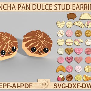 May include: A pair of brown concha pan dulce stud earrings with cute cartoon faces. The earrings are surrounded by various shapes of pan dulce, including conchas, pig-shaped pastries, and swirls. The text "CONCHA PAN DULCE STUD EARRINGS" is at the top of the image. The text "EPF-AI-PDF" is at the bottom left of the image. The text "SVG-DXF-DWG" is at the bottom right of the image.