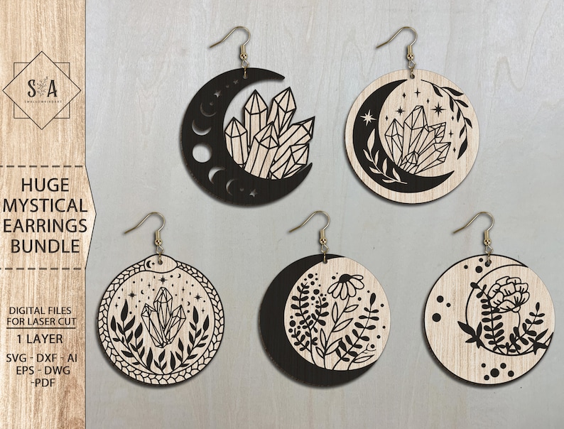May include: Set of six laser cut earrings featuring crescent moons with various designs. The designs include crystals, flowers, and leaves. The earrings are made of wood and are black in color.