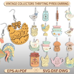Vintage Collectors Thrifting Pyrex Earring, Bowls Hen on Nest Earring, Wooden Acrylic Laser Earring Bundle Set Svg