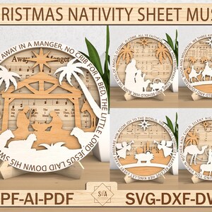 Weihnachtskrippe Notenblatt Musikstand Dekor SVG, Krippe Shelf Sitter SVG, religiöse abgestufte Dekoration svg, Musik Glaube svg, Glowforge SVG-Dateien