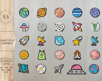 Planet Stud Earrings Bundle  SVG , Spacecraft Stud Earrings SVG , Laser Earrings Files , Glowforge Files, Solar System Earrings