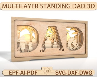 Puede incluir: Un letrero de madera en 3D de varias capas con la palabra "DAD" recortada. El letrero presenta un diseño de varias capas con escenas de un padre y un hijo pescando, un padre y un hijo caminando por el bosque y un padre y un hijo montando en bicicleta. El letrero está iluminado desde atrás, creando un brillo cálido.
