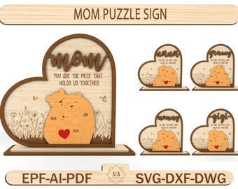 Personalisiertes glückliches Muttertagspuzzle-Zeichen, Geschenk für Mama, Mama-Tagdekor-Svg, Muttertagsgeschenk von Kinder-Ehemann, Laser-bereit geschnittene Datei-Svg