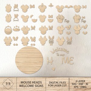 May include: A set of 3-layer laser cut mouse head designs for crafting. The designs include a variety of mouse heads with different expressions, ears, and accessories. The designs also include a welcome sign with the text "Welcome to our home".