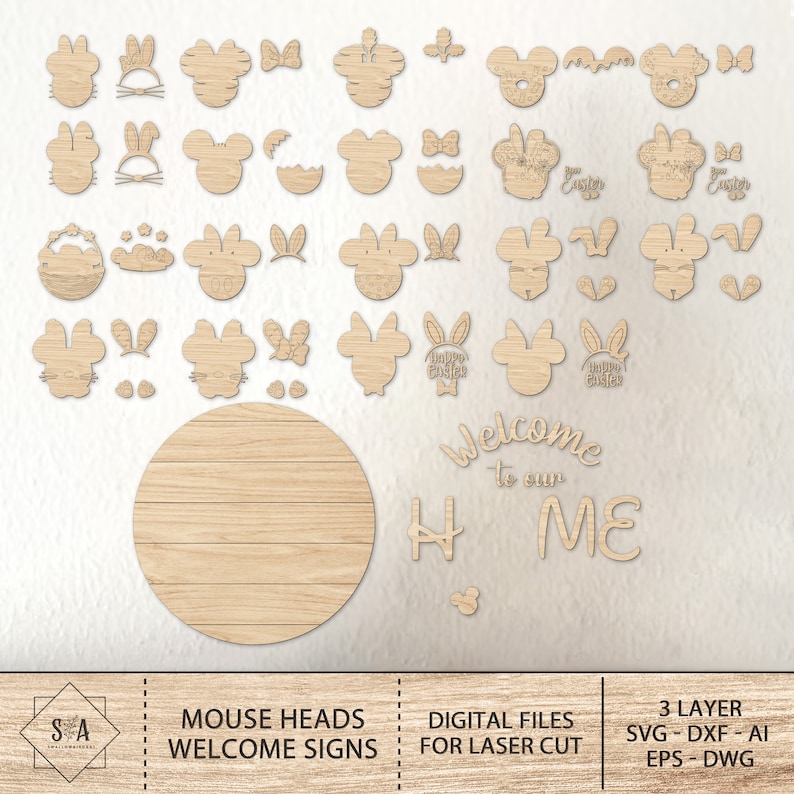May include: A set of 3-layer laser cut mouse head designs for crafting. The designs include a variety of mouse heads with different expressions, ears, and accessories. The designs also include a welcome sign with the text "Welcome to our home".