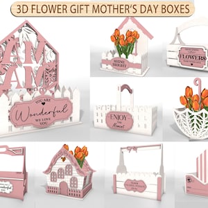 Cajas de regalo de flores 3D para el Día de la Madre, soporte rústico para ramo de flores, regalo para el Día de la Madre, canasta de almacenamiento de flores de madera con archivo cortado con láser