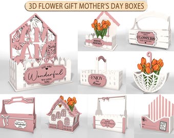 3D Flower Gift Mother‘s Day boxes , Rustic Flower Bouquet Holder, Mother’s Day gift, Wooden Flower Storage Basket Laser Cut File