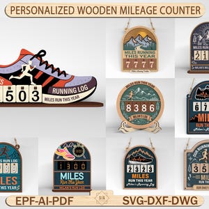 May include: Wooden running mileage counters with various designs. One is a shoe-shaped counter with the text "Milan's 2503 Running Log." Other designs include mountain and running-themed counters with mileage displays. The text "Miles Run This Year" is present.
