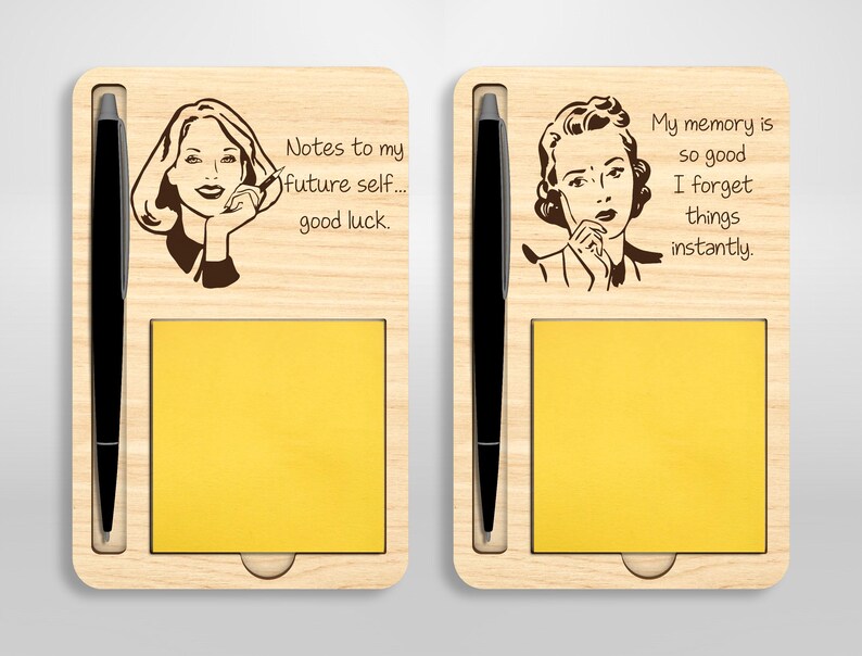 May include: Two wooden notepads with a pen holder and a sticky note pad. The left notepad has a retro illustration of a woman on the phone with the text "Notes to my future self... good luck." The right notepad has a retro illustration of a woman thinking with the text "My memory is so good I forget things instantly."