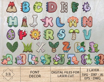 Dinosauriealfabetspaket SVG, alfabetslaserskurna filer, bokstäver dinosauriebaby, bokstavsmonogram, dinosauriedjur Glowforge
