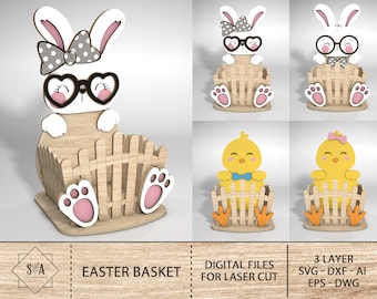 Cesta de Pascua Archivo cortado con láser Svg, Cesta de conejito de Pascua Svg, Diseño de conejito de Pascua para corte láser, Corte láser de decoración de Pascua, Corte láser Glowforge