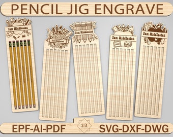 May include: A digital design for a pencil jig with a school theme. The design includes a pencil holder with slots for pencils, a nameplate, and a decorative design of school supplies. The text "Tom Hiddleston" is included on the nameplate.