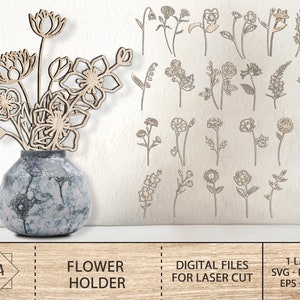 Könnte beinhalten: Lasergeschnittenes Blumenvasendesign mit einer Vase und einer Auswahl an Blumen. Das Design ist einlagig und in den Dateiformaten SVG, DXF, AI, EPS und DWG erhältlich.