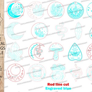 May include: A digital download bundle of 18 mystical earring designs for laser cutting. The designs are outlined in red and filled with blue, and include various symbols like moons, crystals, snakes, mushrooms, and a Ouija board.