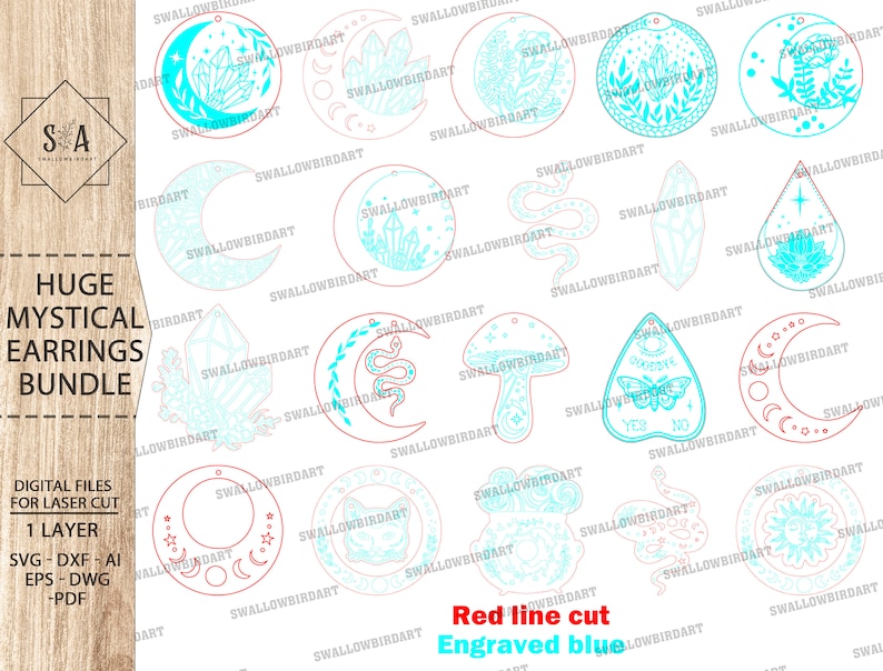 May include: A digital download bundle of 18 mystical earring designs for laser cutting. The designs are outlined in red and filled with blue, and include various symbols like moons, crystals, snakes, mushrooms, and a Ouija board.