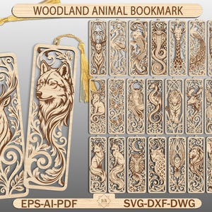 Puede incluir: Una colección de marcapáginas rectangulares de madera con intrincados diseños cortados a láser de varios animales como ciervos, lobos y búhos, con borlas doradas. El texto WOODLAND ANIMAL BOOKMARK, EPS-AI-PDF y SVG-DXF-DWG es visible.