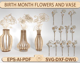 Birth Month Flowers Vase Svg, Happy Mother‘s Day Lasercut File Svg, Flower Holder Svg, Wooden Gift For Mom Svg, DIY Flower Vase Template Svg