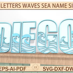 Alphabet 26 Buchstaben Wellen Meer Namensschild, Benutzerdefinierte Kinderzimmer Dekor, Namensschild, Meer Themen Buchstaben überlagert Holz Namensschild für Kinderzimmer