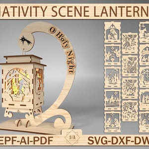 Puede incluir: Una linterna de madera con una escena de la natividad con un diseño recortado de la escena de la natividad y las palabras "O Holy Night". La linterna está en un soporte con un brazo curvo. La imagen también muestra un conjunto de 12 linternas más pequeñas con diferentes diseños de la escena de la natividad.