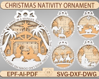 Nativity Scene Ornament Svg, Christmas Nativity Sheet Music Ornament Svg,Music Engraved Ornament Svg,Christmas Song Ornament ,Glowforge File