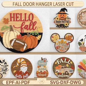 May include: A collection of circular wooden door hangers featuring laser-cut designs for autumn. Themes include pumpkins, footballs, gnomes, turkeys, ghosts, and trucks with text like Hello Fall, Happy Fall Yall, and Hey Turkey in various colors.