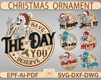 May include: A set of ten Christmas ornaments featuring a skeleton with different holiday-themed sayings. The ornaments are made of wood and have a rustic look. The sayings include "Have the day you deserve", "It's cold outside like my heart", "Dead inside but jolly AF", "Freezing mode all day every day", "Dead inside but merry", and "When you're dead inside but it's Christmas".