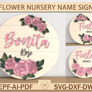 Flower Nursery Name Sign Bundle, Wood Baby Name Sign, Flower 3D Wooden Sign, Girl Nursery Decor, Nursery Wall Art, Glowforge Laser Cut File