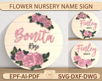 Letreros de madera con nombre para bebé, letreros de madera 3D con flores, decoración para habitación de niña, arte mural para habitación de bebé, archivo cortado con láser Glowforge.