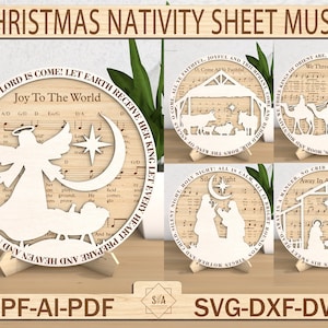 Weihnachtskrippe Notenblatt Musikständer Dekor SVG, religiöse abgestufte Dekor Handgemachte Kunst, Musik Glaube Kunst, Krippe Regal Sitter Kunst, Glowforge SVG-Dateien