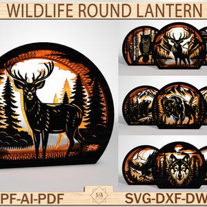 Wildtiere Runde Laterne SVG, Waldtier Light Box Cut Datei, rustikale Natur Dekor für Cricut und Glowforge, Hirsch Bär Elch Laterne Design
