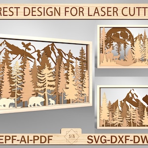 Disegno foresta per taglio laser, file di taglio per appendere alla parete in formato svg di montagna in formato svg, arte murale mandala multistrato, Glowforge 3D multistrato in legno