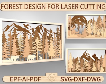 May include: Three digital designs for laser cutting featuring a forest scene with mountains, trees, and animals. The designs are labeled "EPF-AI-PDF" and "SVG-DXF-DWG".