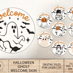 Halloween Ghost Welcome Sign Svg, Halloween Door Hanger Svg, Ghost Svg, Boo Svg, Round Halloween Sign Svg, Glowforge Laser Cut File