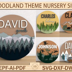 Porta per cartello per asilo nido a tema bosco, decorazione per montagna con albero di pino, cartello con nome per asilo nido, decorazione per asilo nido con fauna selvatica, SVG in legno rotondo 3D, file tagliato al laser