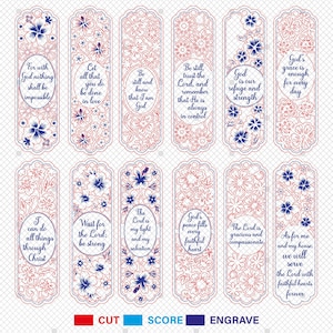 May include: Set of 12 laser-cut bookmarks with floral designs and inspirational quotes. Each bookmark features a unique pattern in red and blue, with phrases like "God is our refuge and strength." Ideal for religious gifts.