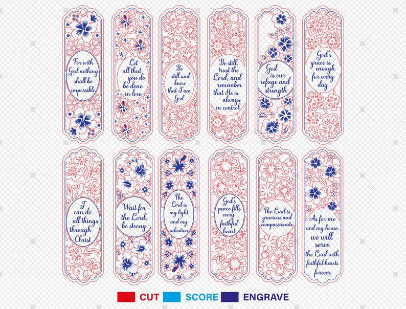 May include: Set of 12 laser-cut bookmarks with floral designs and inspirational quotes. Each bookmark features a unique pattern in red and blue, with phrases like "God is our refuge and strength." Ideal for religious gifts.