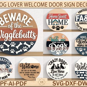 Panneau de bienvenue pour chien découpé au Laser - drôle de chatière pour animaux de compagnie fichiers SVG pour Cricut, Glowforge, CNC - décoration pour amoureux des chiens
