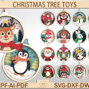 May include: Wooden Christmas tree ornaments featuring various winter animal designs, including a reindeer, penguin, bear, fox, and snowman. The ornaments are round with a light wood frame and are decorated with colorful details. The text "CHRISTMAS TREE TOYS" is at the top.