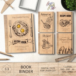 Carpeta de libros de recetas personalizada svg, Recetas de libros de cocina de madera Archivos cortados con láser, Regalo del Día de San Valentín, Regalo del Día de las Madres, Archivos SVG Glowforge