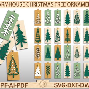 Farmhouse Christmas Tree Ornament File, Christmas Tree Ornament SVG Bundle, Farmhouse Holiday Tag Laser Cut File, Rustic Xmas Glowforge SVG