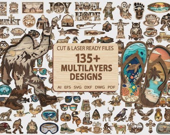 Può includere: Una collezione di design multistrato digitali pronti per il taglio laser con temi come Bigfoot, scene di spiaggia, animali e caffè. Un cartello centrale mostra il testo CUT & LASER READY FILES 135+ MULTILAYERS DESIGNS AI EFS SVG DXF DWG PDF.