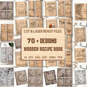 Pacchetto di oltre 70 disegni Libro di ricette in legno Svg, Ricette per libri di cucina in legno Taglio laser, Raccoglitore di ricette Taglio laser, Motivo copertina libro, File Glowforge