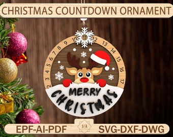 Ornamento per il conto alla rovescia di Natale in formato SVG, Conto alla rovescia per Natale in formato SVG, Ornamento per renne in formato SVG, Renne in formato SVG, Giorni fino all'ornamento di Natale, File Glowforge