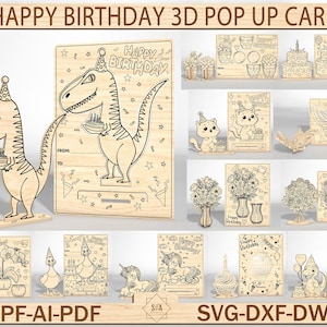 Cartão pop-up 3D de feliz aniversário SVG, arquivo para cartão de aniversário cortado a laser, modelo de cartão comemorativo faça você mesmo, design de corte de papel Glowforge