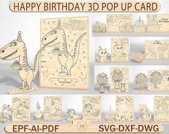Happy Birthday 3D Pop Up Card SVG, Laser Cut Birthday Card File, DIY Greeting Card Template, Glowforge Paper Cut Design
