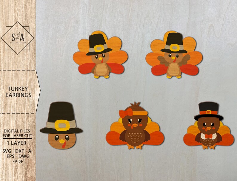 May include: Four digital cut files for laser cutting turkey earrings. The designs include a traditional turkey with a pilgrim hat, a turkey with a bow, a turkey with a pilgrim hat and a turkey with a bow and a pilgrim hat.